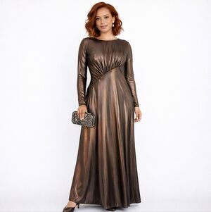 Express Metallic Boat Neck Long Sleeve Diagonal Ruching Maxi Dress Bronze - sz M